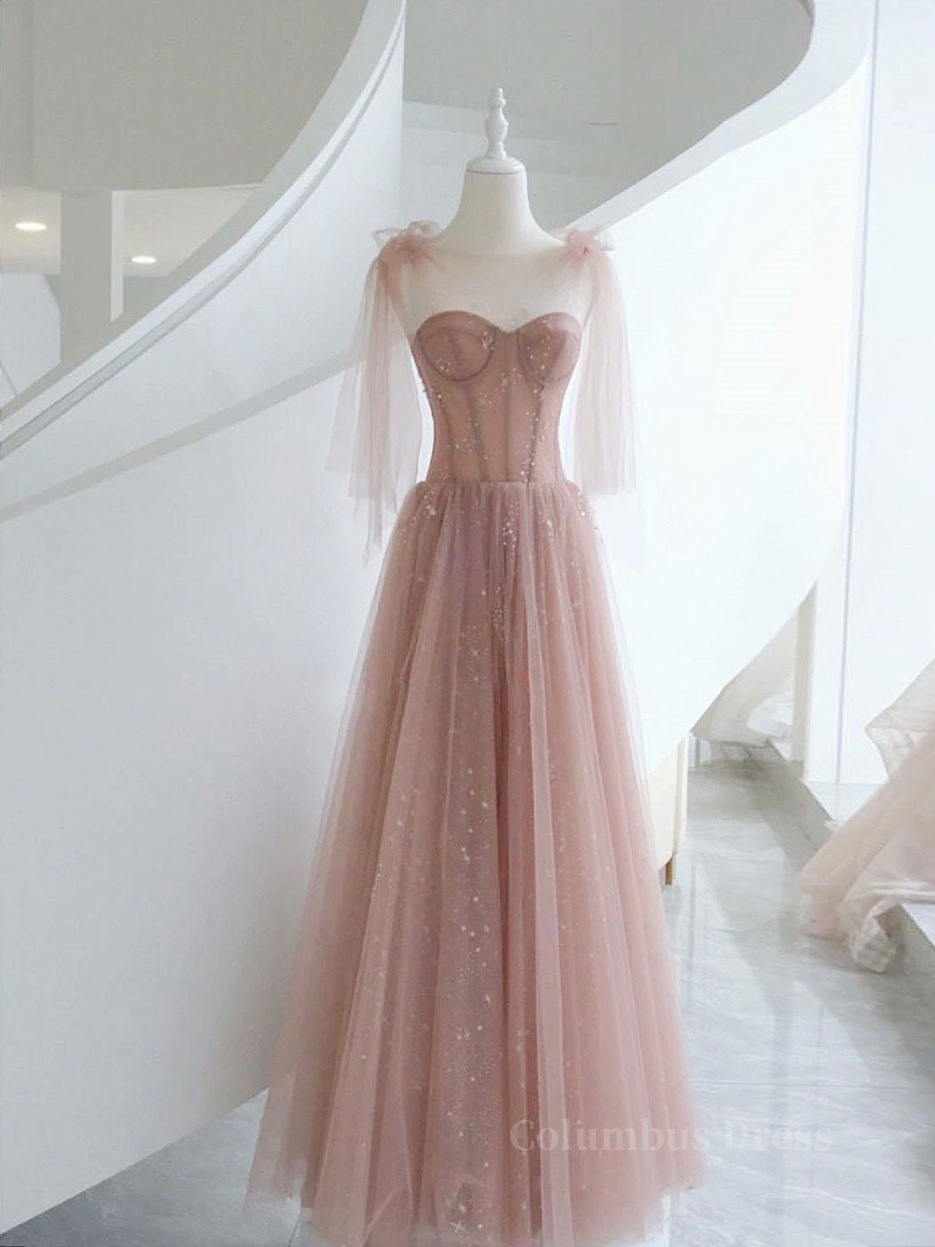 A-Line Pink Round Neck Tulle Long Corset Prom Dresses, Pink Corset Formal Evening Dress outfit, Prom Dresses Open Backs