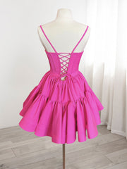 A-Line Pink Satin Short Corset Prom Dress, Backless Cute Pink Corset Homecoming Dress outfit, Evening Dresses And Gowns