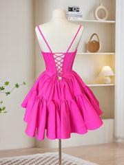 A-Line Pink Satin Short Corset Prom Dress, Backless Cute Pink Corset Homecoming Dress outfit, Evening Dresses Designer