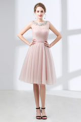 A-Line Pink Tulle Lace Pleats Knee Length Corset Homecoming Dresses outfit, Evening Dress Simple