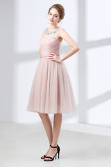 A-Line Pink Tulle Lace Pleats Knee Length Corset Homecoming Dresses outfit, Evening Dresses Princess