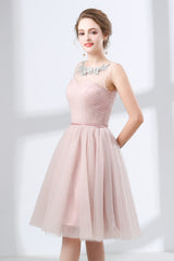 A-Line Pink Tulle Lace Pleats Knee Length Corset Homecoming Dresses outfit, Evening Dresses Classy