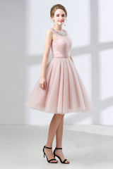A-Line Pink Tulle Lace Pleats Knee Length Corset Homecoming Dresses outfit, Evening Dresses 2048