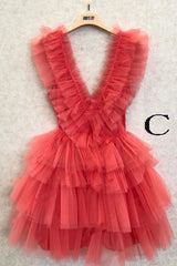 A Line Pink V Neck Tiered Corset Homecoming Dress,Tulle Short Corset Prom Party Dresses outfit, Party Dress Formal