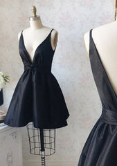 A-line Plunge V Back Black Taffeta Short Mini Corset Homecoming Dress outfit, Bridesmaid Dress Cheap