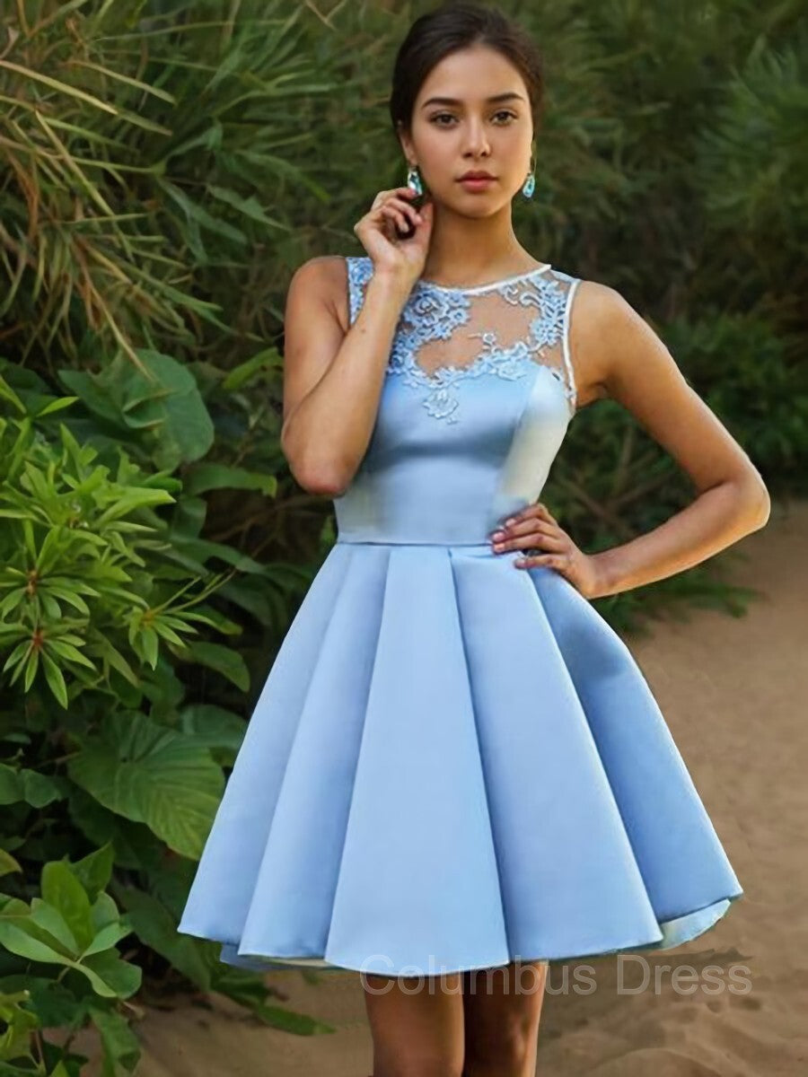 A-Line/Princess Bateau Short/Mini Satin Corset Homecoming Dresses With Appliques Lace outfit, Bridesmaid Dresses Websites