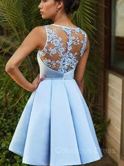 A-Line/Princess Bateau Short/Mini Satin Corset Homecoming Dresses With Appliques Lace outfit, Bridesmaid Dress Website