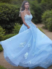 A-Line/Princess Bateau Sweep Train Tulle Corset Prom Dresses With Appliques Lace outfit, Formal Dress Wear For Ladies
