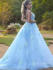 A-Line/Princess Bateau Sweep Train Tulle Corset Prom Dresses With Appliques Lace outfit, Formal Dresses Long Elegant Classy