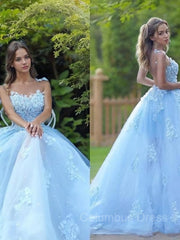 A-Line/Princess Bateau Sweep Train Tulle Corset Prom Dresses With Appliques Lace outfit, Formal Dresses Long Elegant Evening Gowns