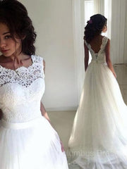 A-Line/Princess Bateau Sweep Train Tulle Corset Wedding Dresses With Belt/Sash outfits, Wedding Dresses With Lace