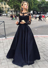A-Line/Princess Full/Long Sleeve Bateau Long/Floor-Length Satin Corset Prom Dress With Appliqued Gowns, Prom Dressed A Line