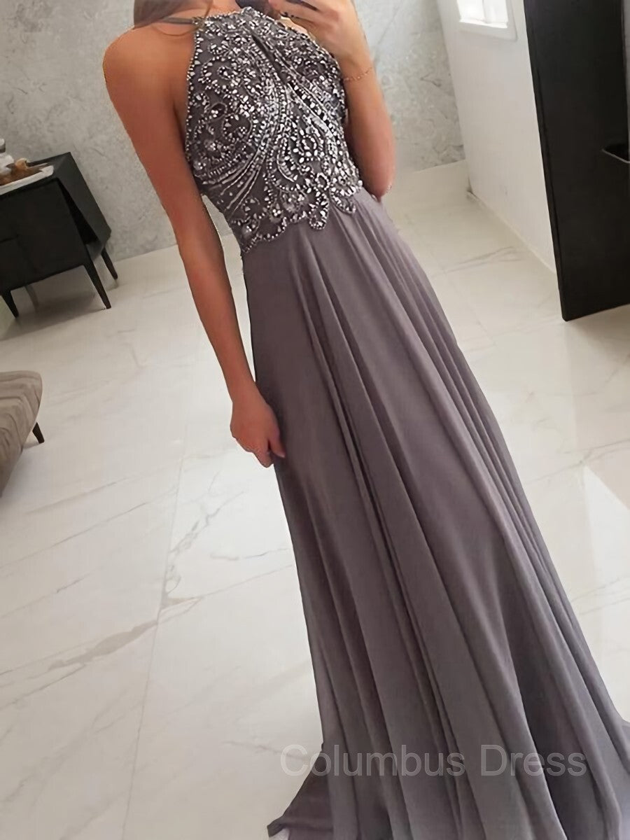 A-Line/Princess Halter Floor-Length Chiffon Corset Prom Dresses With Beading outfit, Party Dress Brands Usa
