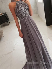 A-Line/Princess Halter Floor-Length Chiffon Corset Prom Dresses With Beading outfit, Party Dress Brands Usa