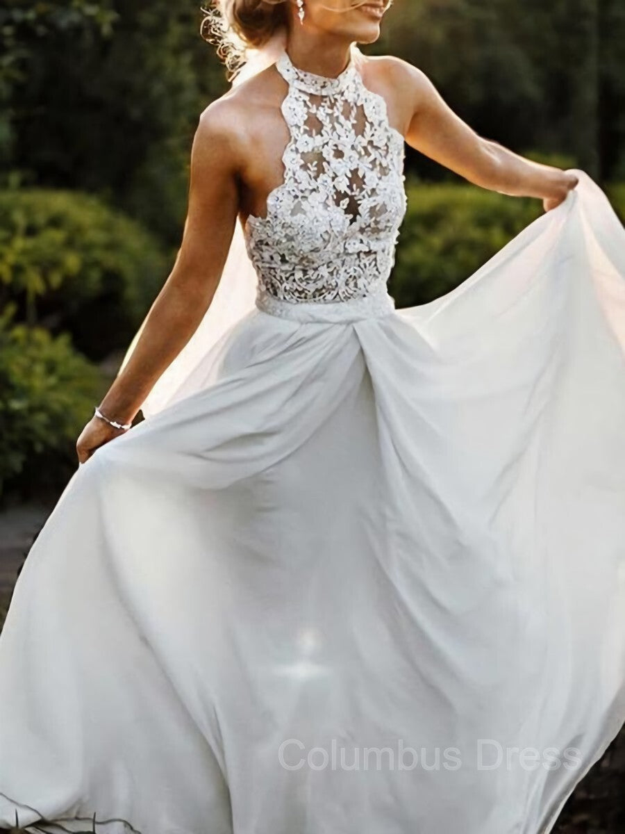 A-Line/Princess Halter Floor-Length Chiffon Corset Wedding Dresses With Lace Outfits, Wedding Dress Bridesmaids