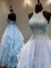 A-Line/Princess Halter Floor-Length Tulle Corset Prom Dresses With Appliques Lace outfit, Bridesmaid Dress Formal