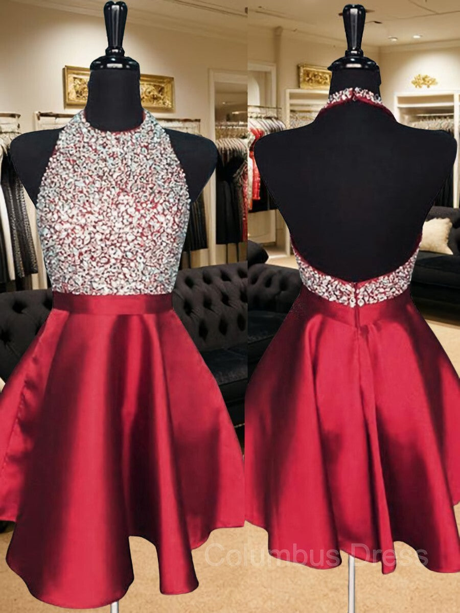 A-Line/Princess Halter Short/Mini Satin Corset Homecoming Dresses With Beading outfit, Bridesmaid Dress Shopping