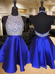 A-Line/Princess Halter Short/Mini Satin Corset Homecoming Dresses With Beading outfit, Bridesmaids Dresses Satin
