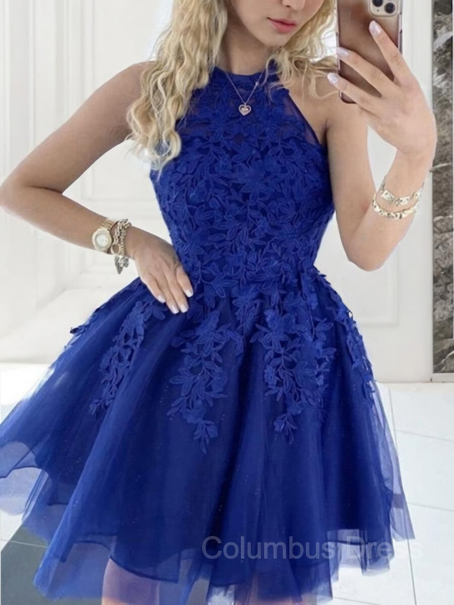 A-Line/Princess Halter Short/Mini Tulle Corset Homecoming Dresses With Appliques Lace outfit, Bridesmaid Dress Custom