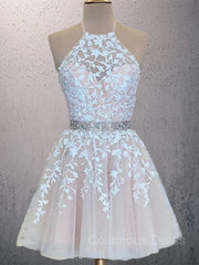 A-Line/Princess Halter Short/Mini Tulle Corset Homecoming Dresses With Appliques Lace outfit, Prom Dresses Patterned