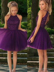 A-Line/Princess Halter Short/Mini Tulle Corset Homecoming Dresses With Beading outfit, Prom Dress Bodycon