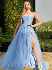 A-Line/Princess Halter Sweep Train Tulle Corset Prom Dresses With Leg Slit outfit, Dream