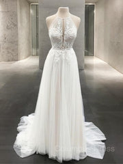 A-Line/Princess Halter Sweep Train Tulle Corset Wedding Dresses With Appliques Lace outfit, Wedding Dresses Sexy