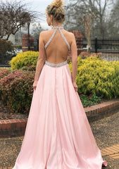 A-line/Princess High-Neck Sleeveless Sweep Train Satin Corset Prom Dress With Waistband Beading outfit, Party Dresses Styles