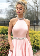 A-line/Princess High-Neck Sleeveless Sweep Train Satin Corset Prom Dress With Waistband Beading outfit, Party Dress Hair Style