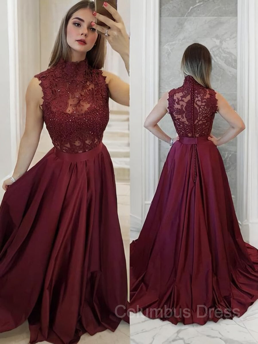A-Line/Princess High Neck Sweep Train Satin Corset Prom Dresses With Appliques Lace outfit, Prom Dress Trends 2047
