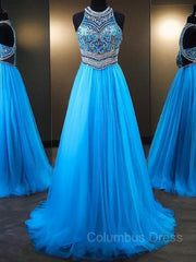 A-Line/Princess Jewel Sweep Train Tulle Evening Dresses With Beading outfit, Bridesmaid Dress Champagne