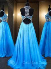 A-Line/Princess Jewel Sweep Train Tulle Evening Dresses With Beading outfit, Bridesmaid Dresses Dark