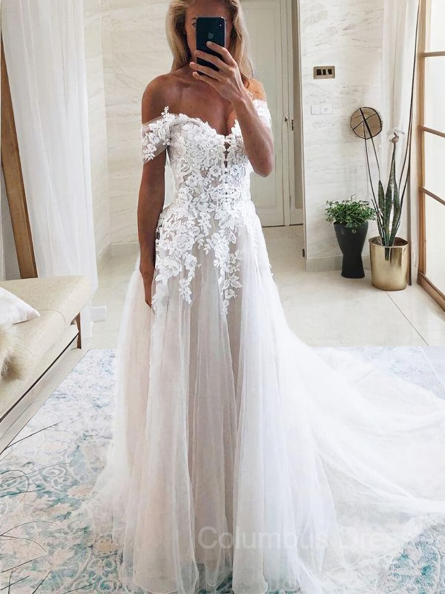 A-Line/Princess Off-the-Shoulder Cathedral Train Tulle Corset Wedding Dresses With Appliques Lace outfit, Wedding Dress Princess