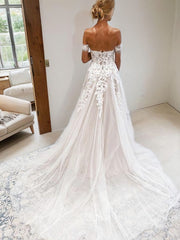 A-Line/Princess Off-the-Shoulder Cathedral Train Tulle Corset Wedding Dresses With Appliques Lace outfit, Wedding Dress On A Budget