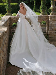 A-Line/Princess Off-the-Shoulder Cathedral Train Satin Corset Wedding Dresses outfit, Wedding Dresses For Beach Weddings