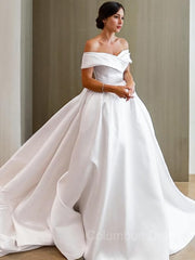 A-Line/Princess Off-the-Shoulder Chapel Train Satin Corset Wedding Dresses outfit, Wedding Dress For Sale