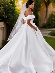 A-Line/Princess Off-the-Shoulder Chapel Train Satin Corset Wedding Dresses outfit, Wedding Dresses Tulle