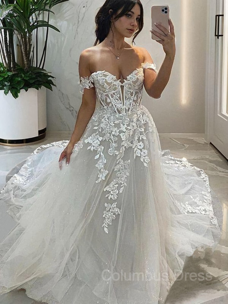 A-line/Princess Off-the-Shoulder Chapel Train Tulle Corset Wedding Dress with Appliques Lace outfit, Wedding Dresses Shops