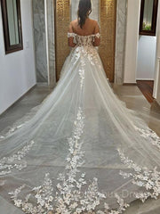A-line/Princess Off-the-Shoulder Chapel Train Tulle Corset Wedding Dress with Appliques Lace outfit, Wedding Dresses Shop