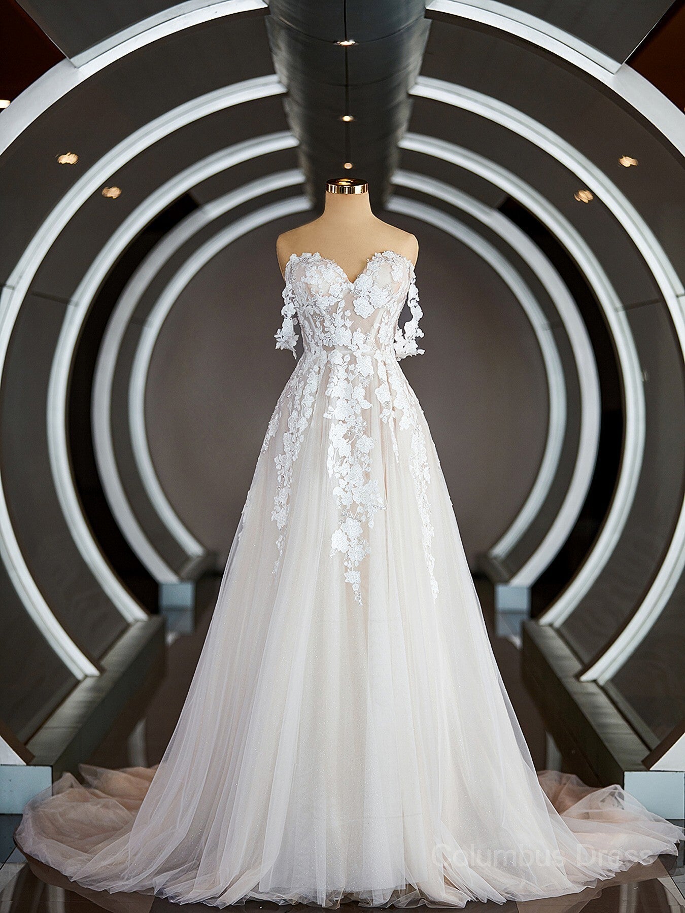 A-Line/Princess Off-the-Shoulder Chapel Train Tulle Corset Wedding Dresses with Appliques Lace outfit, Wedding Dresses Flower