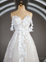 A-Line/Princess Off-the-Shoulder Chapel Train Tulle Corset Wedding Dresses with Appliques Lace outfit, Wedding Dresses Flowers