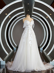 A-Line/Princess Off-the-Shoulder Chapel Train Tulle Corset Wedding Dresses with Appliques Lace outfit, Wedding Dress Ideas