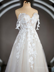 A-Line/Princess Off-the-Shoulder Chapel Train Tulle Corset Wedding Dresses with Appliques Lace outfit, Wedding Dresses Lace