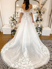 A-Line/Princess Off-the-Shoulder Chapel Train Tulle Corset Wedding Dresses With Appliques Lace outfit, Wedding Dress Stores Near Me