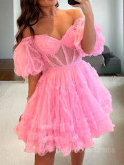 A-Line/Princess Off-the-Shoulder Corset Short/Mini Tulle Corset Homecoming Dresses With Ruffles Gowns, Vintage Prom Dress