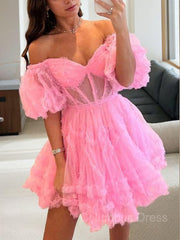 A-Line/Princess Off-the-Shoulder Corset Short/Mini Tulle Corset Homecoming Dresses With Ruffles Gowns, Fancy Dress