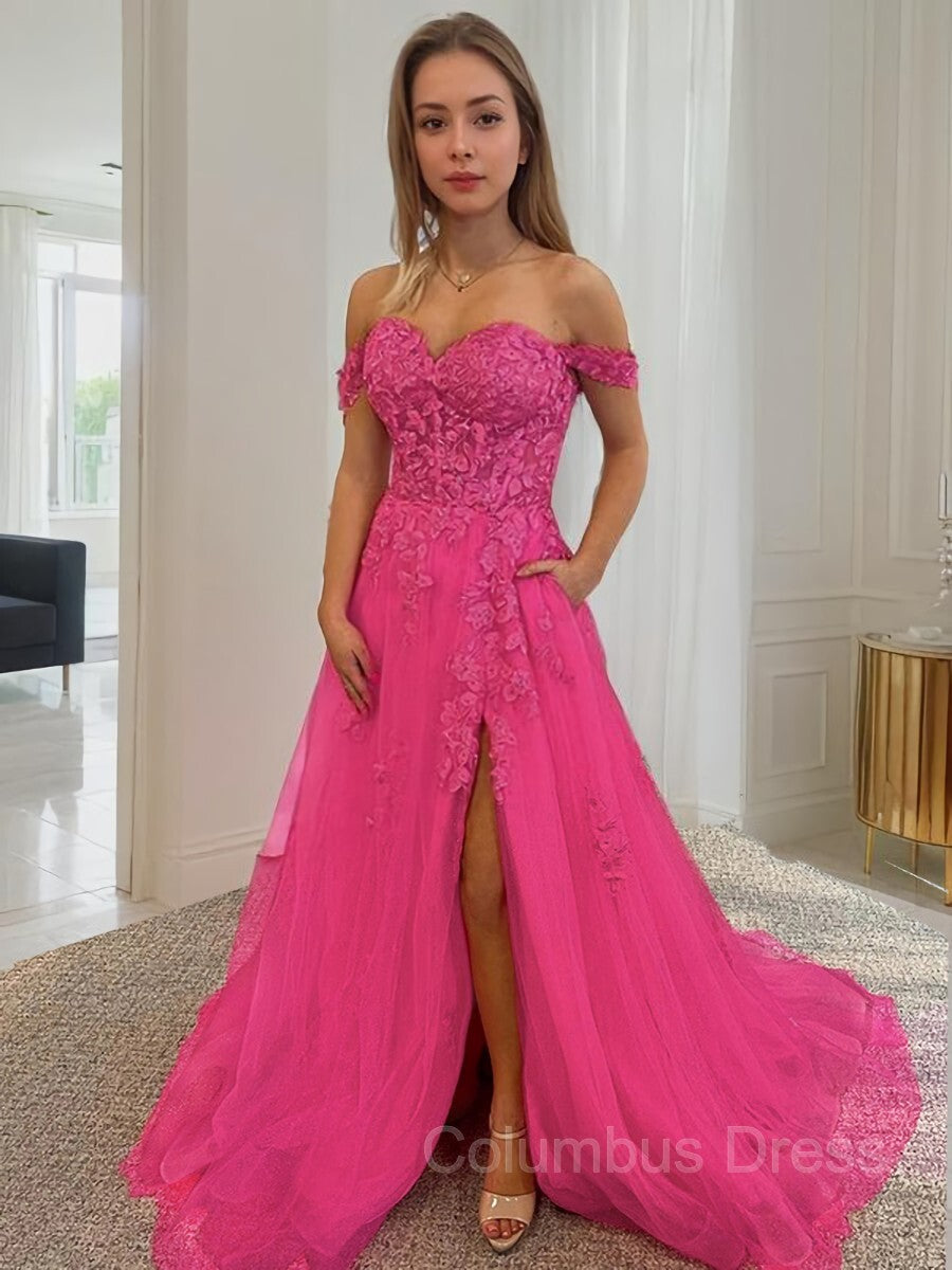 A-Line/Princess Off-the-Shoulder Court Train Tulle Corset Prom Dresses With Leg Slit outfit, Formal Dresses For Sale