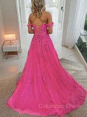 A-Line/Princess Off-the-Shoulder Court Train Tulle Corset Prom Dresses With Leg Slit outfit, Formal Dresses Gown