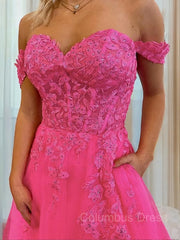 A-Line/Princess Off-the-Shoulder Court Train Tulle Corset Prom Dresses With Leg Slit outfit, Formal Dress Gowns