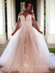 A-Line/Princess Off-the-Shoulder Court Train Tulle Corset Wedding Dresses outfit, Wedding Dresses Nearby